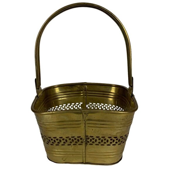 Solid Brass Square Pierced Ribbed Basket From India Decorative Container - Picture 5 of 9